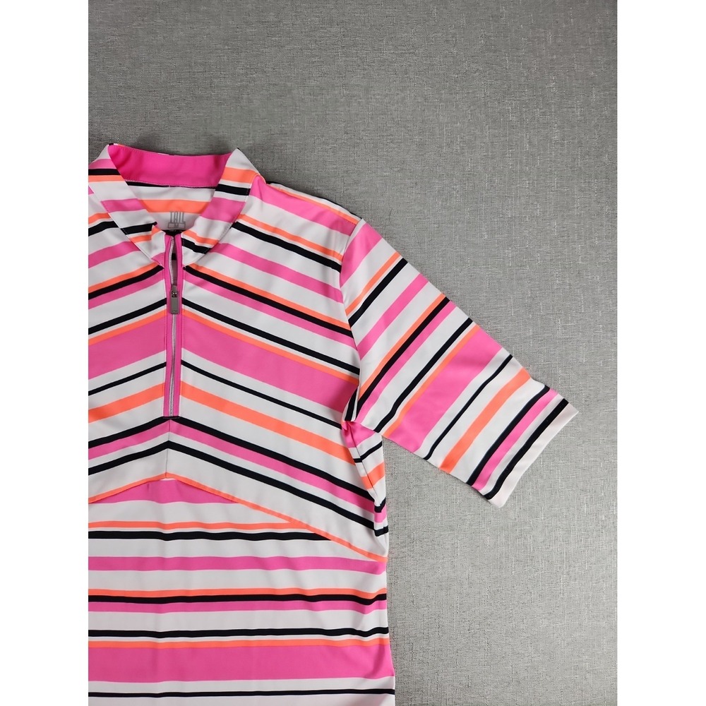 TAIL Activewear Colette Half Zip Golf Polo Womens M Elbow Sleeve Pink Blk Stripe